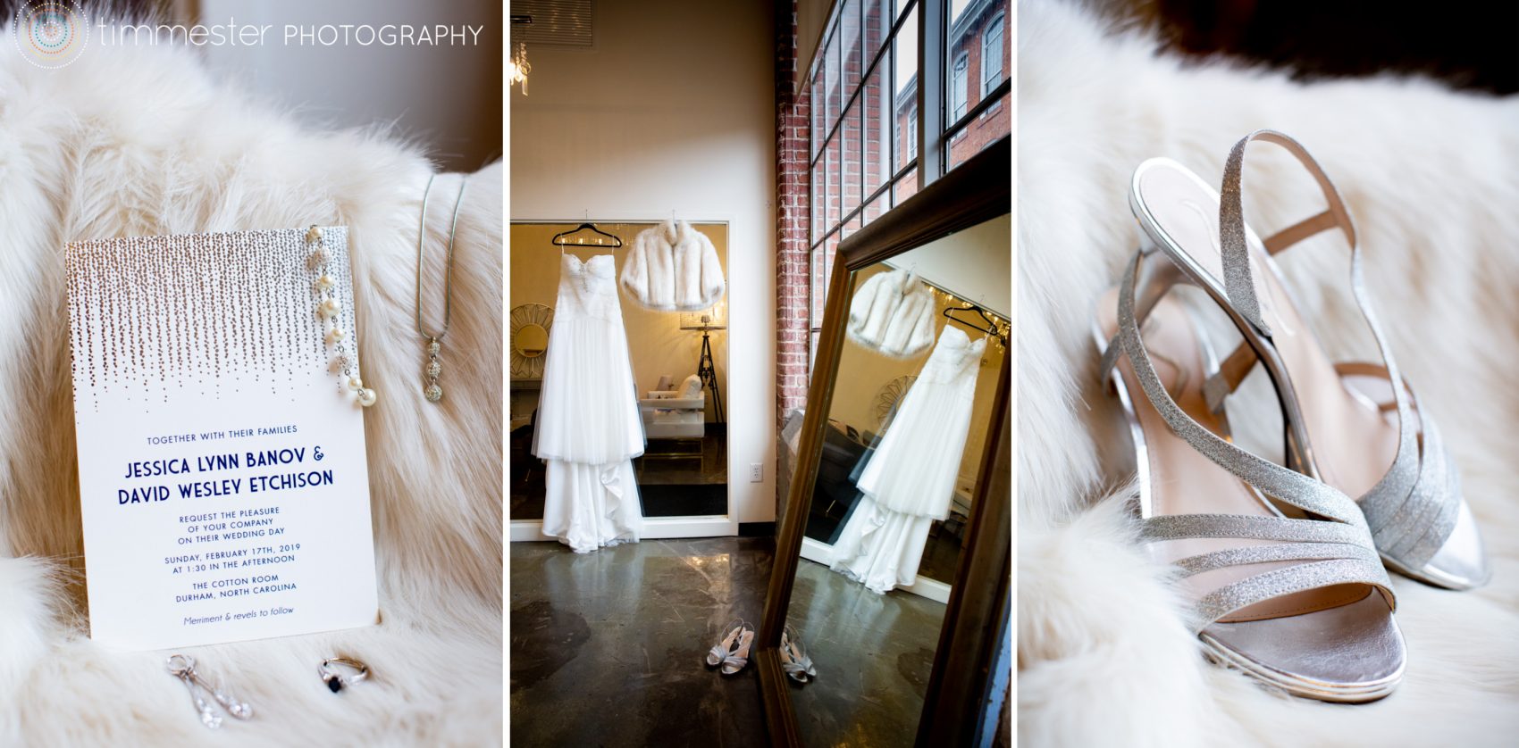 The beautiful bridal suite at The Cotton Room featuring the bride's winter wedding details.