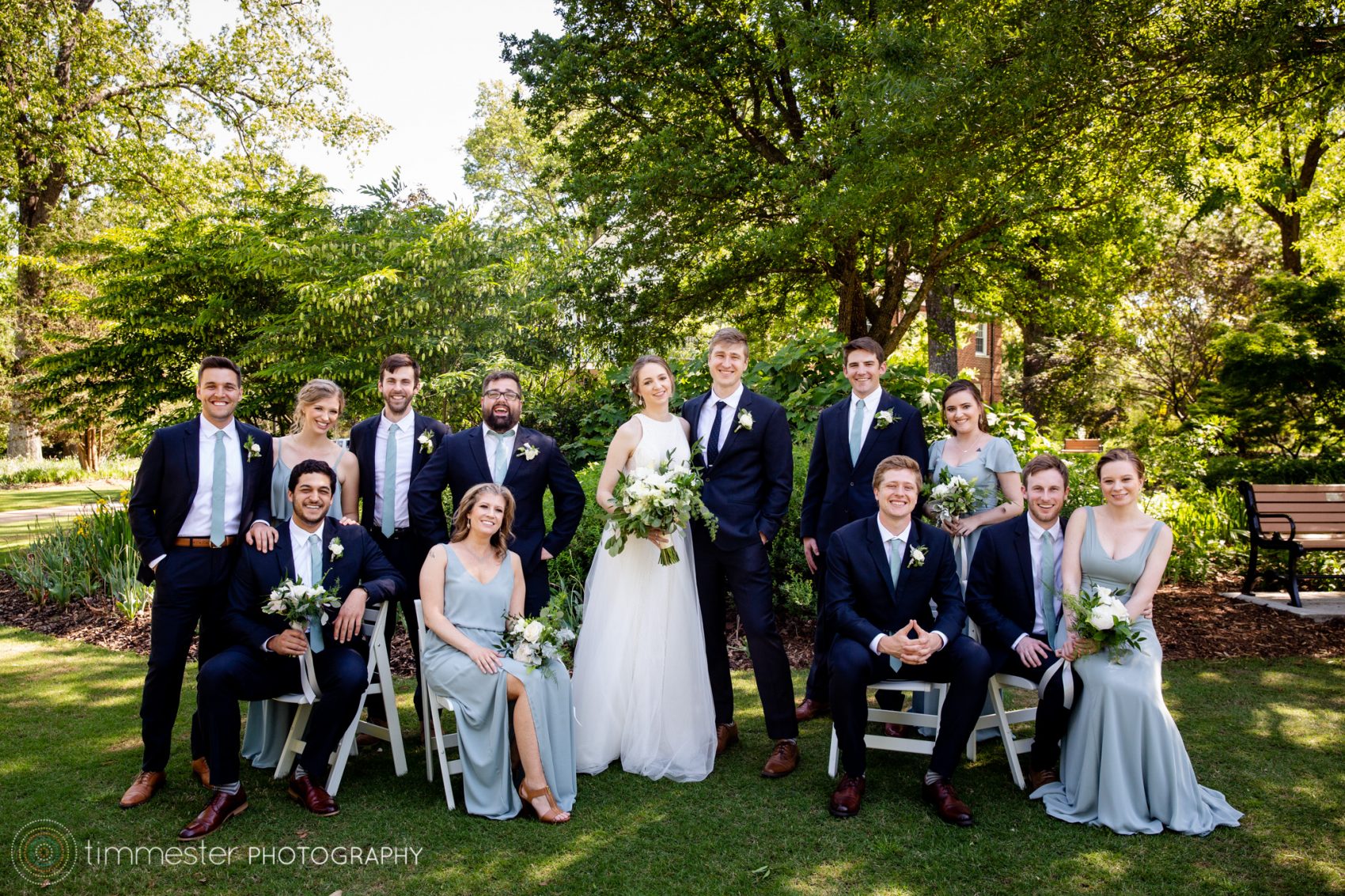 A fabulous wedding party and bridal party at Fred Fletcher Park in Raleigh, North Carolina.
