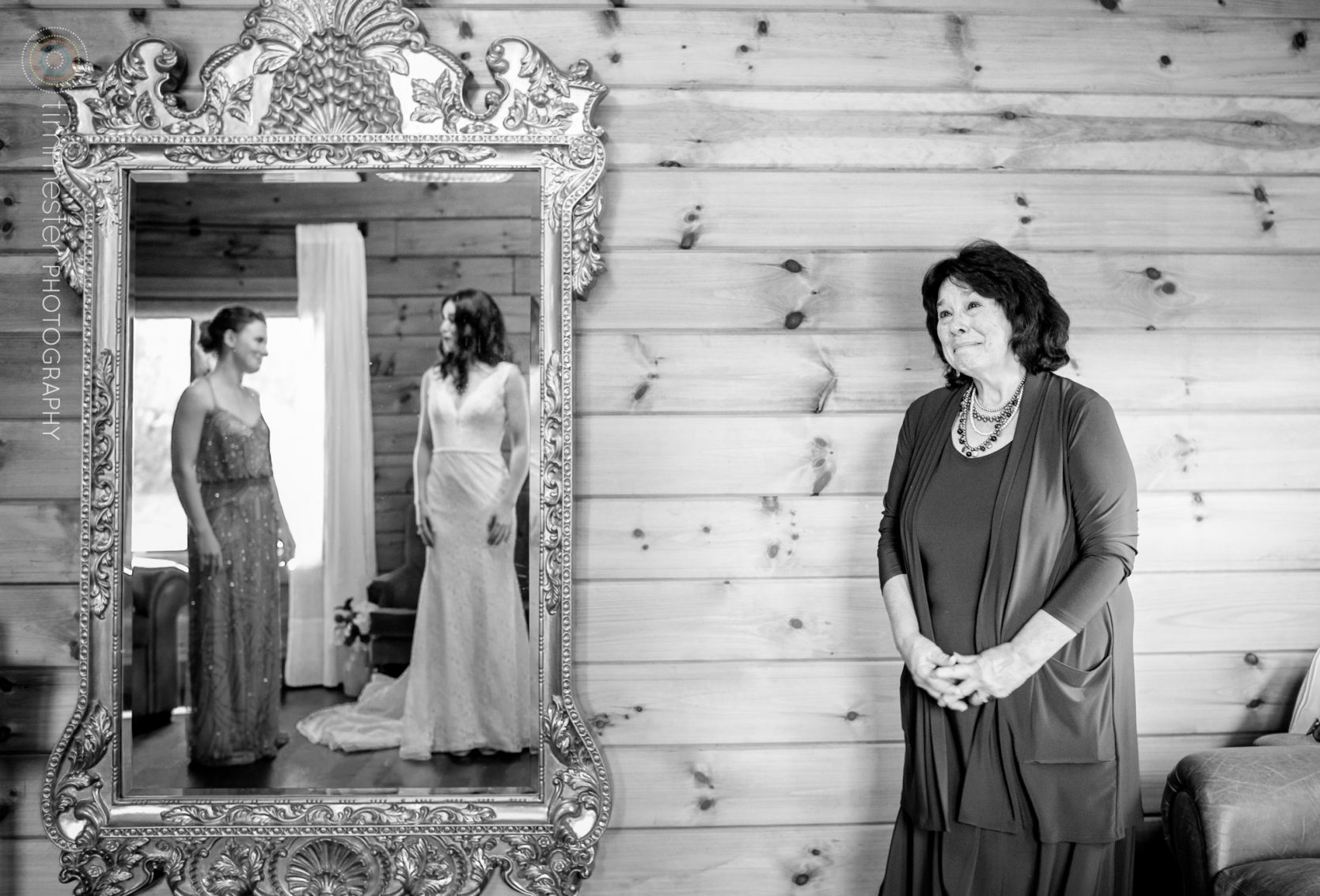 Mom reacts to her daughter in her bridal gown at The Barn at Valhalla in Chapel Hill. 