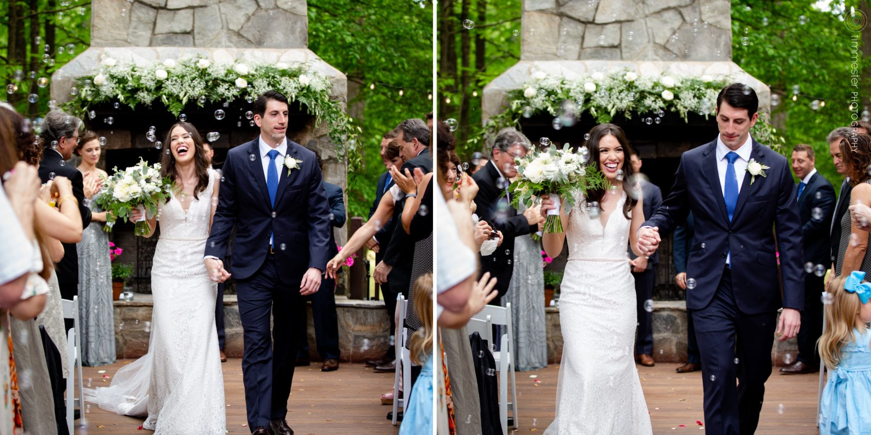A married bride and groom just after their outdoor wedding ceremony in Chapel Hill at the Barn at Valhalla.