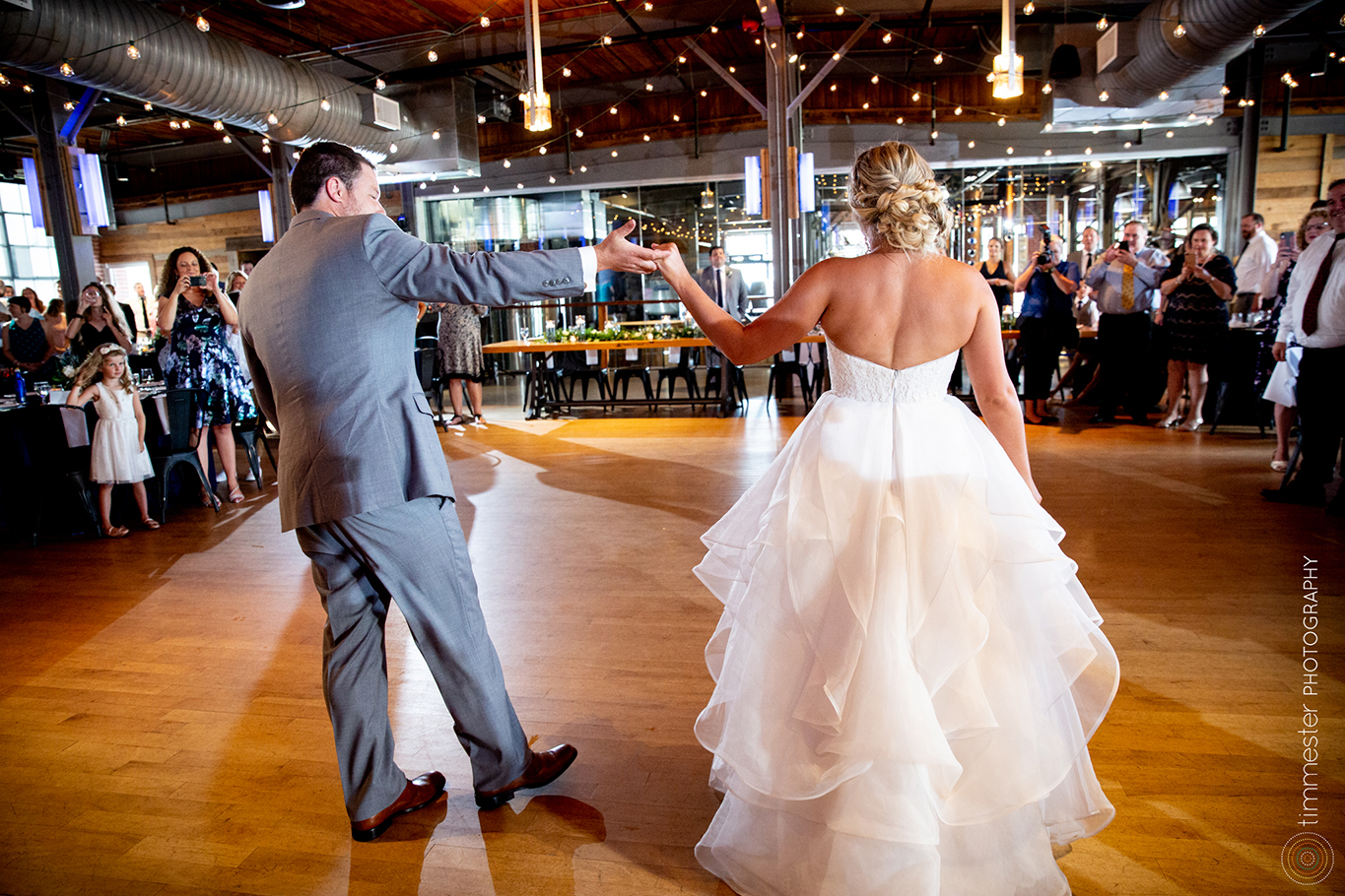 The bride and groom's first dance in Durham, North Carolina at The Rickhouse.