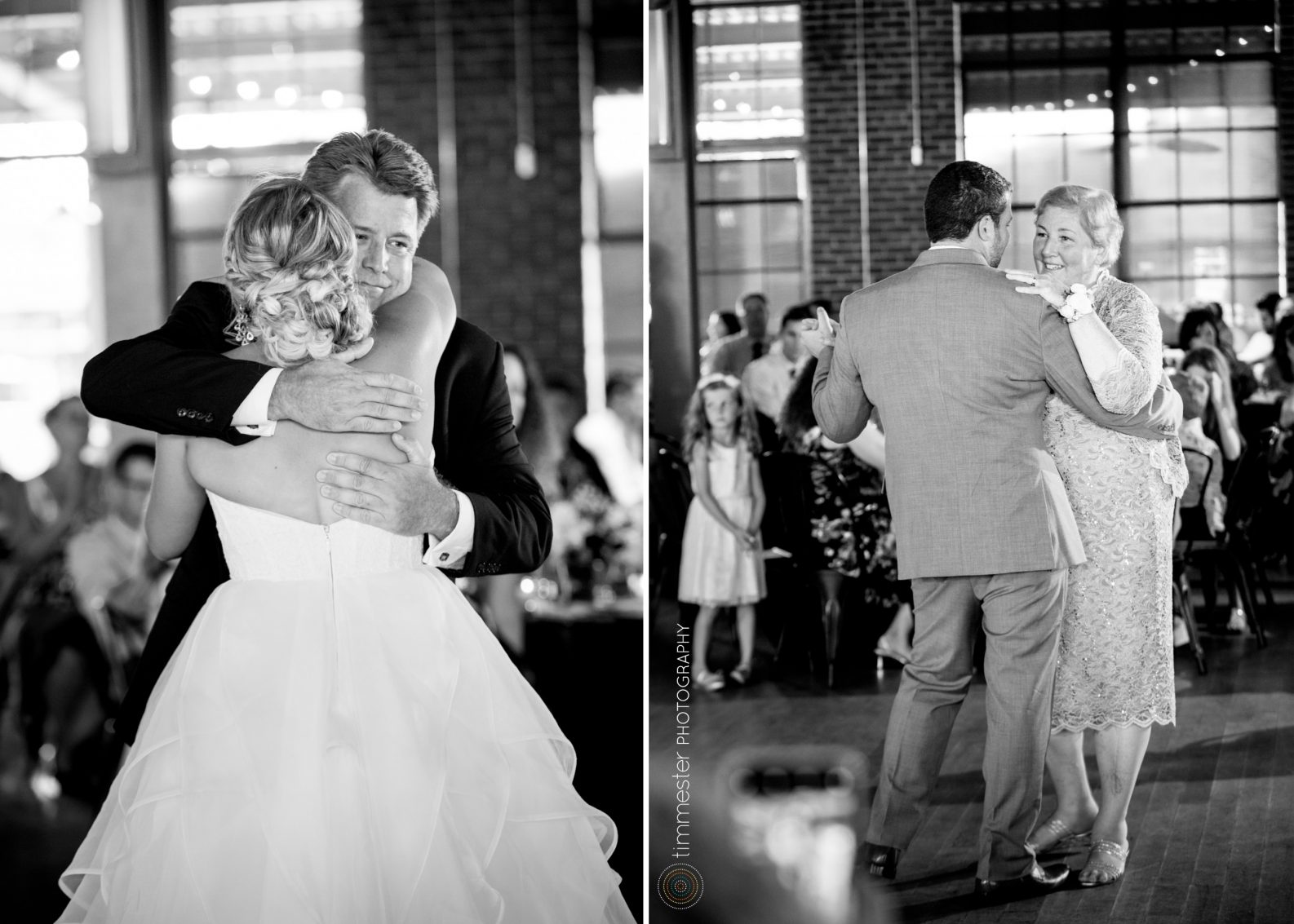 Father daughter and mother son dances at The Rickhouse wedding reception in North Carolina.