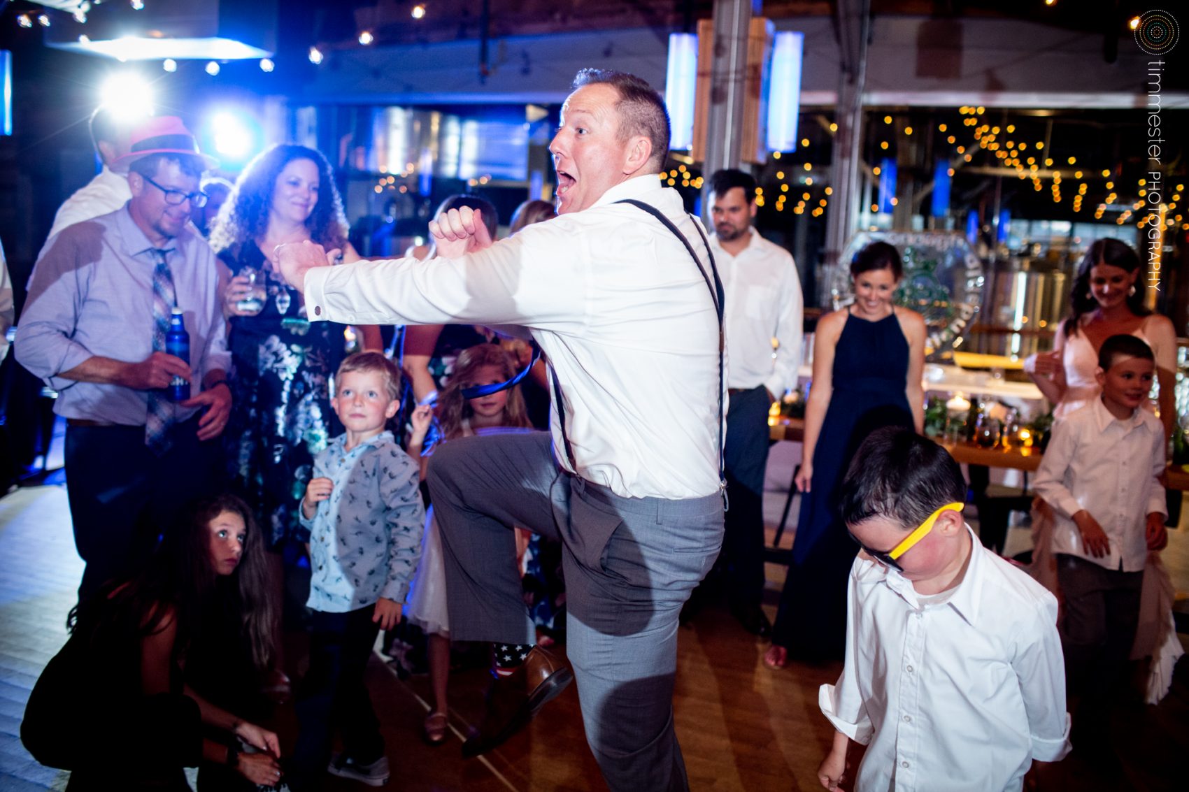 A wedding reception and fun dancefloor in Durham at The Rickhouse in North Carolina.