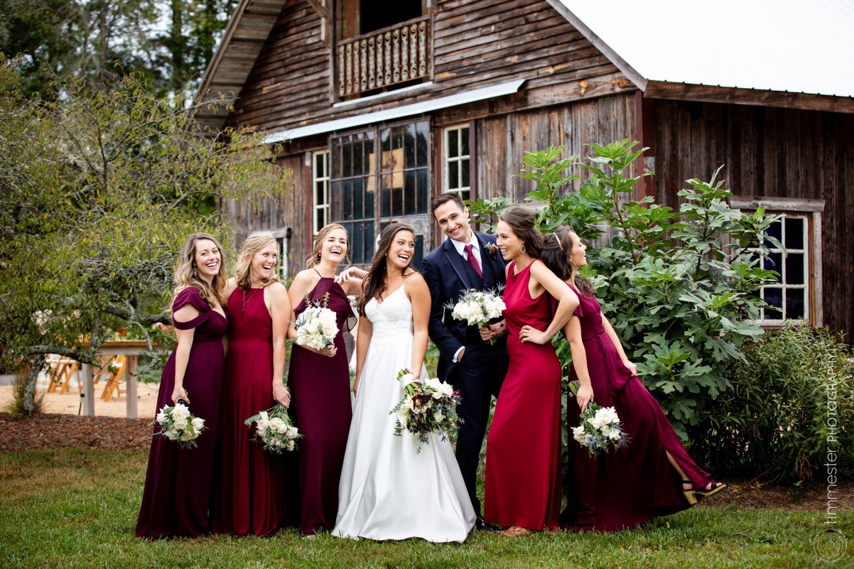 A bride and her bridesmaids at Sassafras Fork Farm in Rougemont, NC.