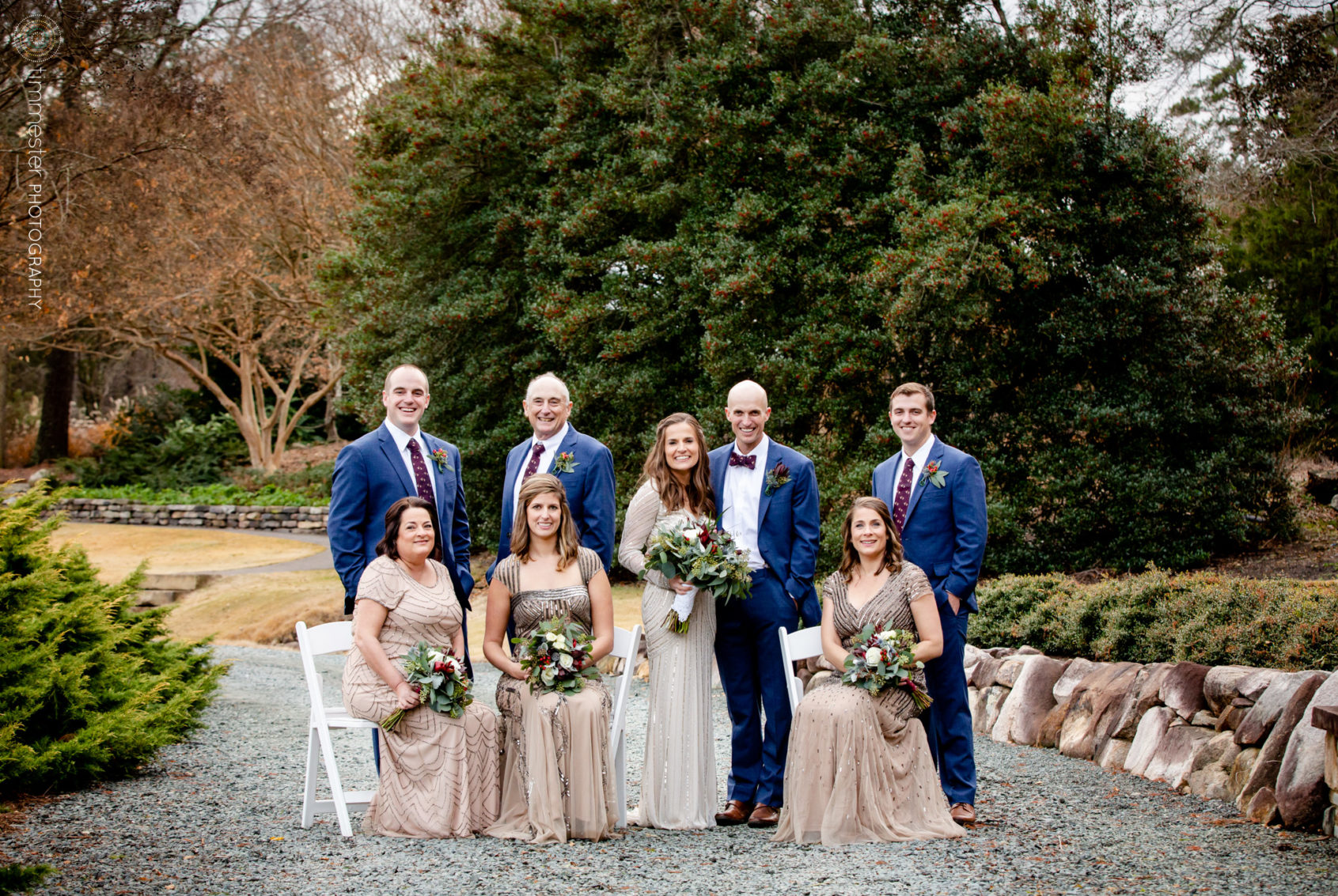 The wedding party from Lauren + Bradley's winter wedding at Chapel Hill Carriage House