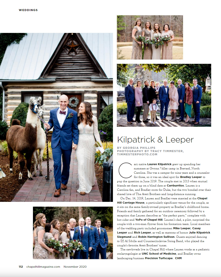 A wedding feature in Chapel Hill Magazine of Lauren & Bradley's wedding at Chapel Hill Carriage House