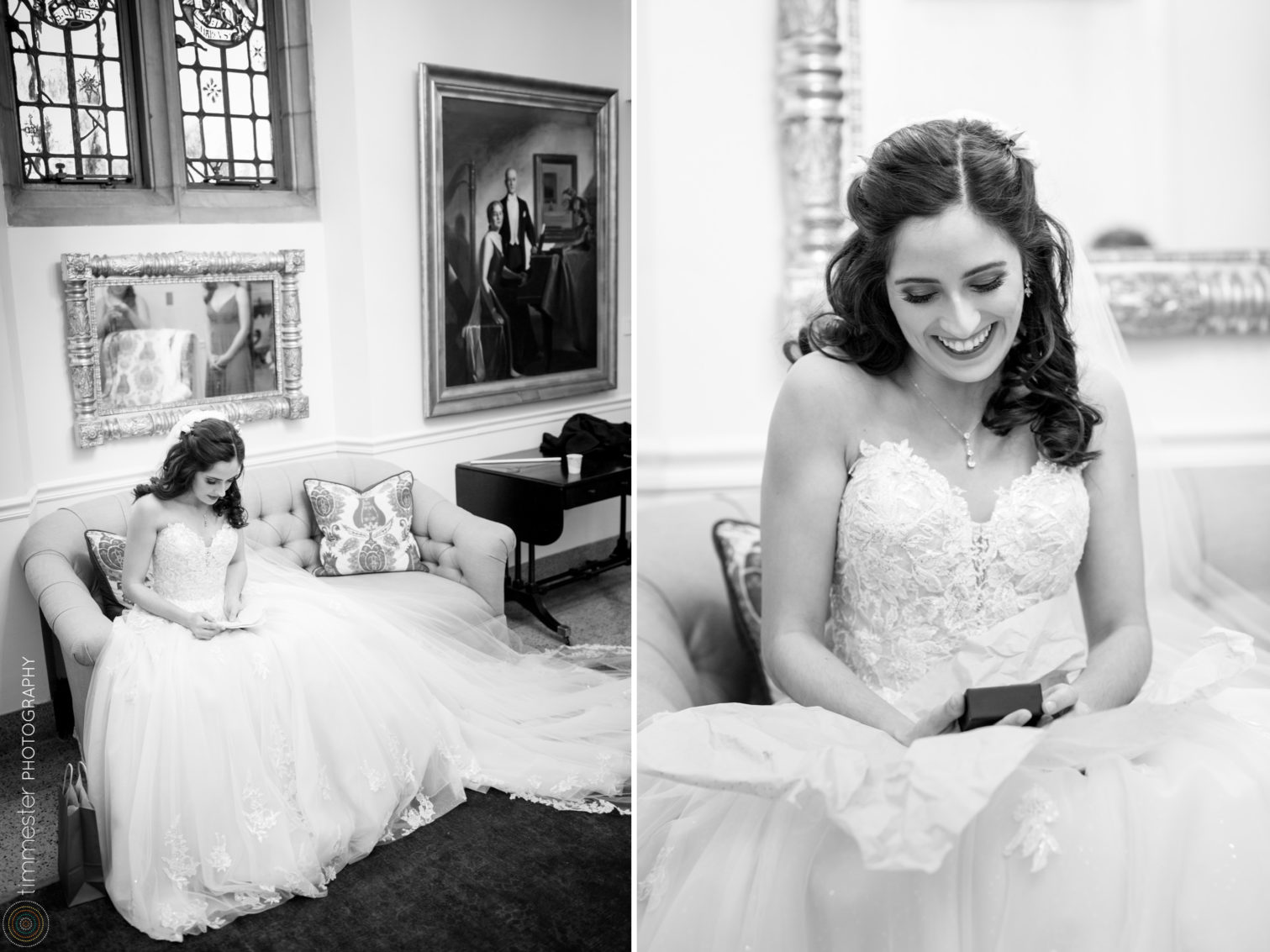 A bride gets ready in the basement of Duke University Chapel for her wedding in Durham, NC. 