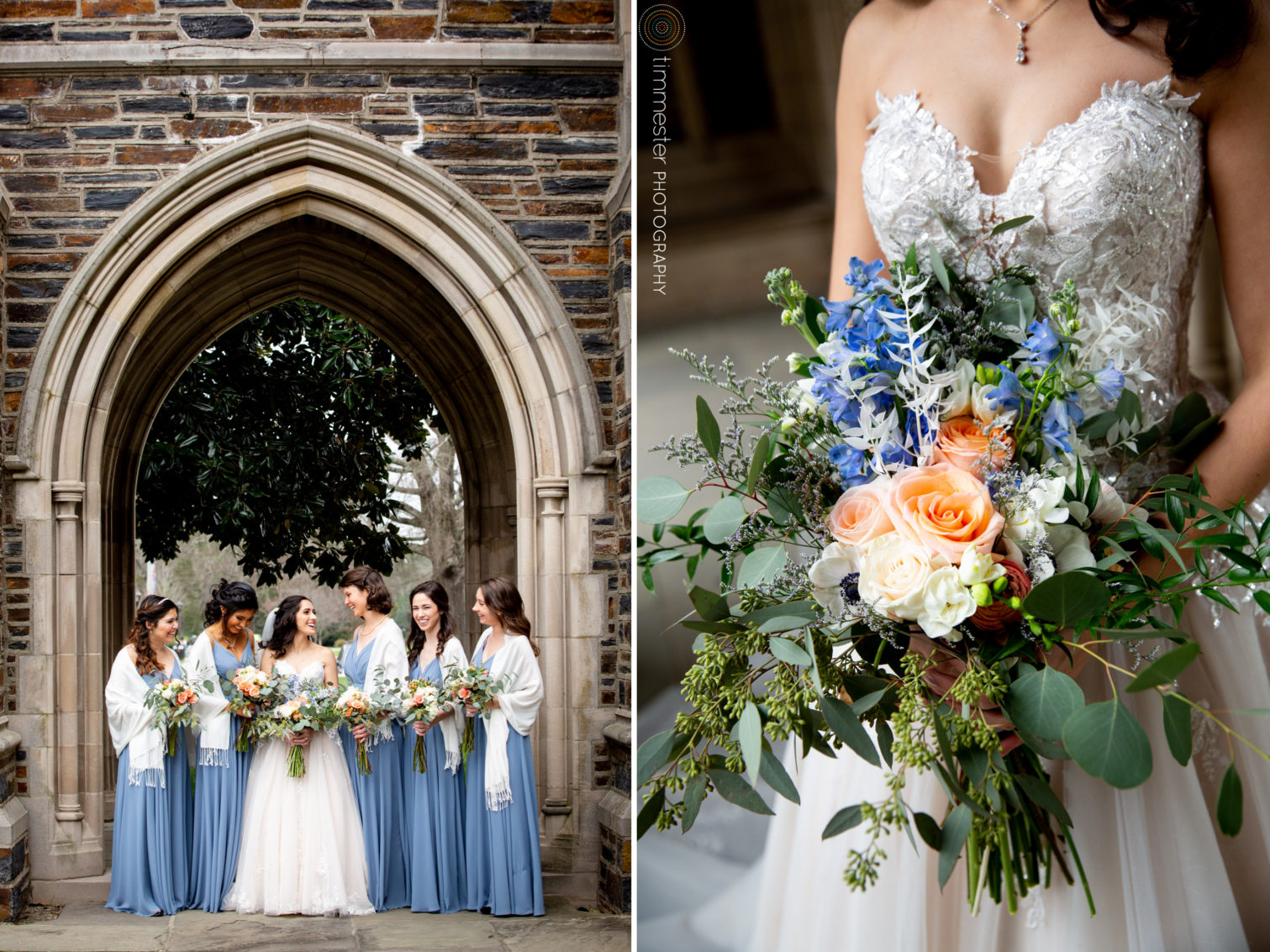 A bride and her bridesmaids at a Duke University Chapel wedding in North Carolina