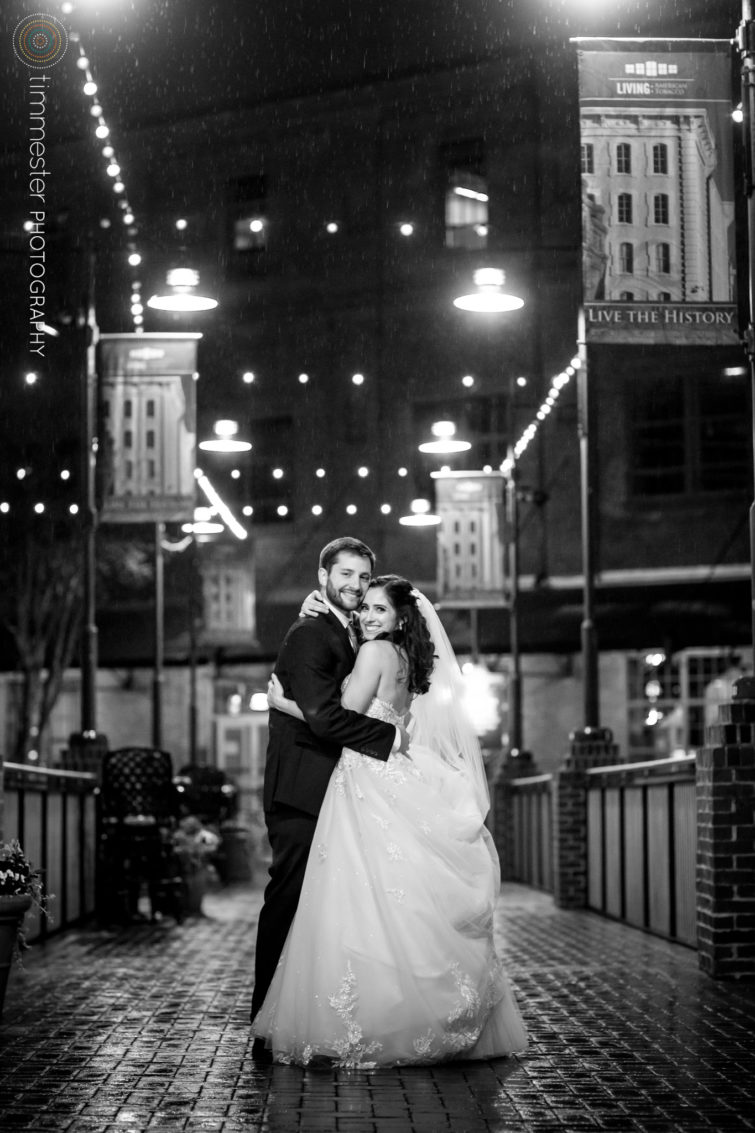 Bride and groom nighttime portraits at Bay 7 at the American Tobacco Campus in Durham, NC
