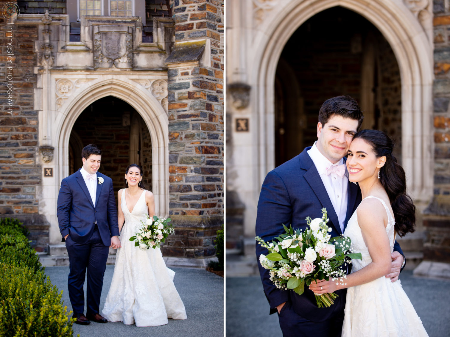Duke University portraits of bride and groom on their wedding day 