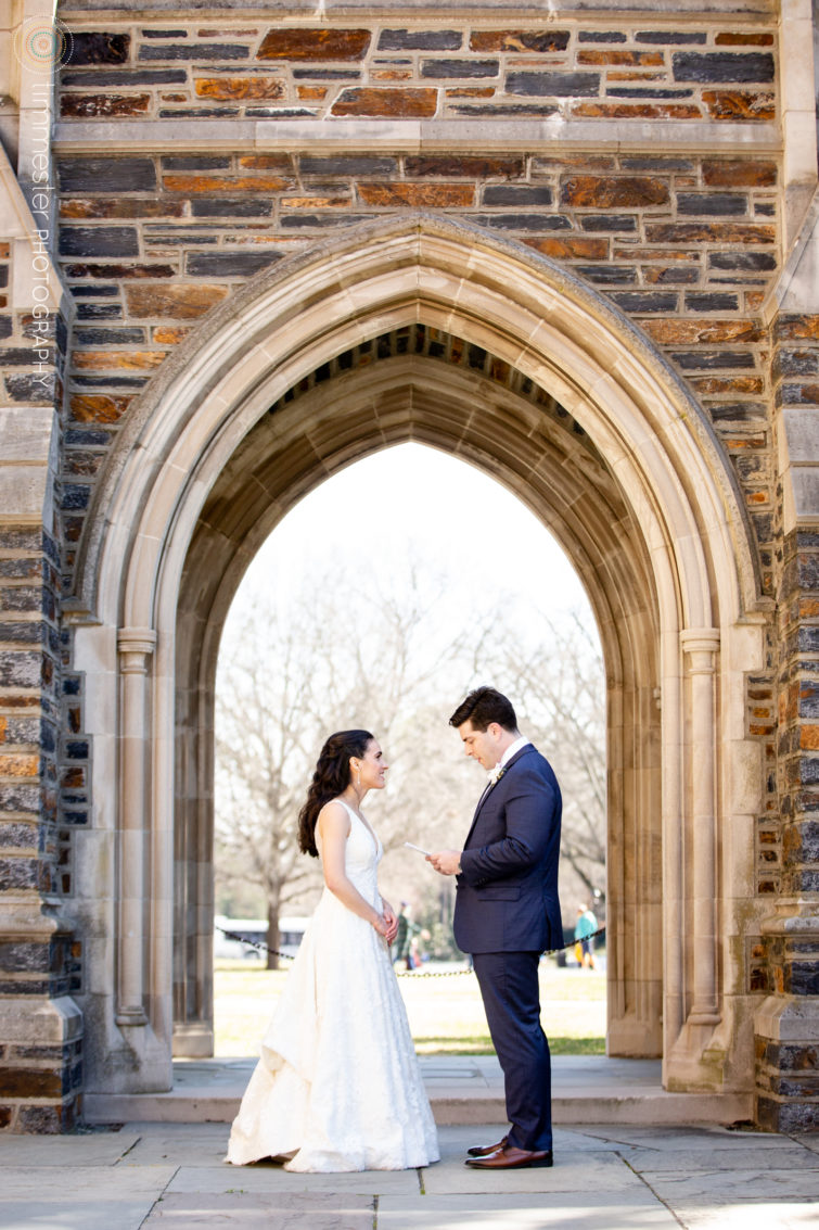 Private vows between the bride and groom at Duke University in Durham