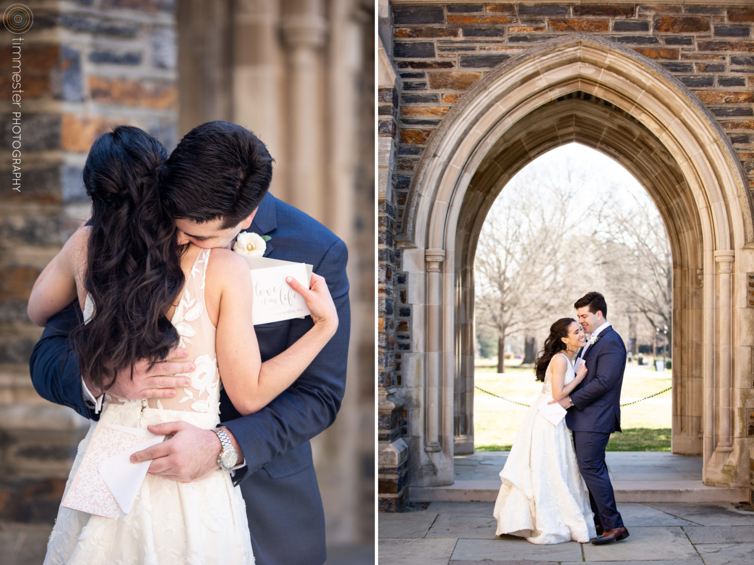 Private vows between the bride and groom on their wedding day at Duke University Chapel