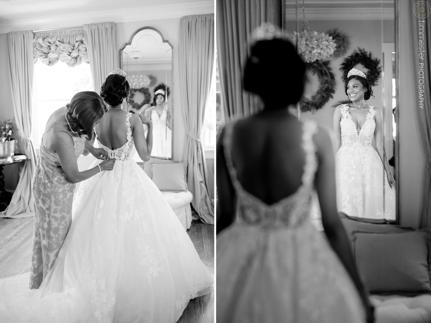 The bride gets ready for her wedding at Highgrove Estate in Fuquay-Varina.