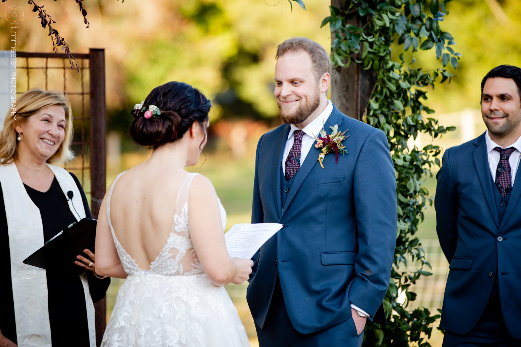 An October, outdoor wedding ceremony at Sassafras Fork Farm in Rougemont, NC