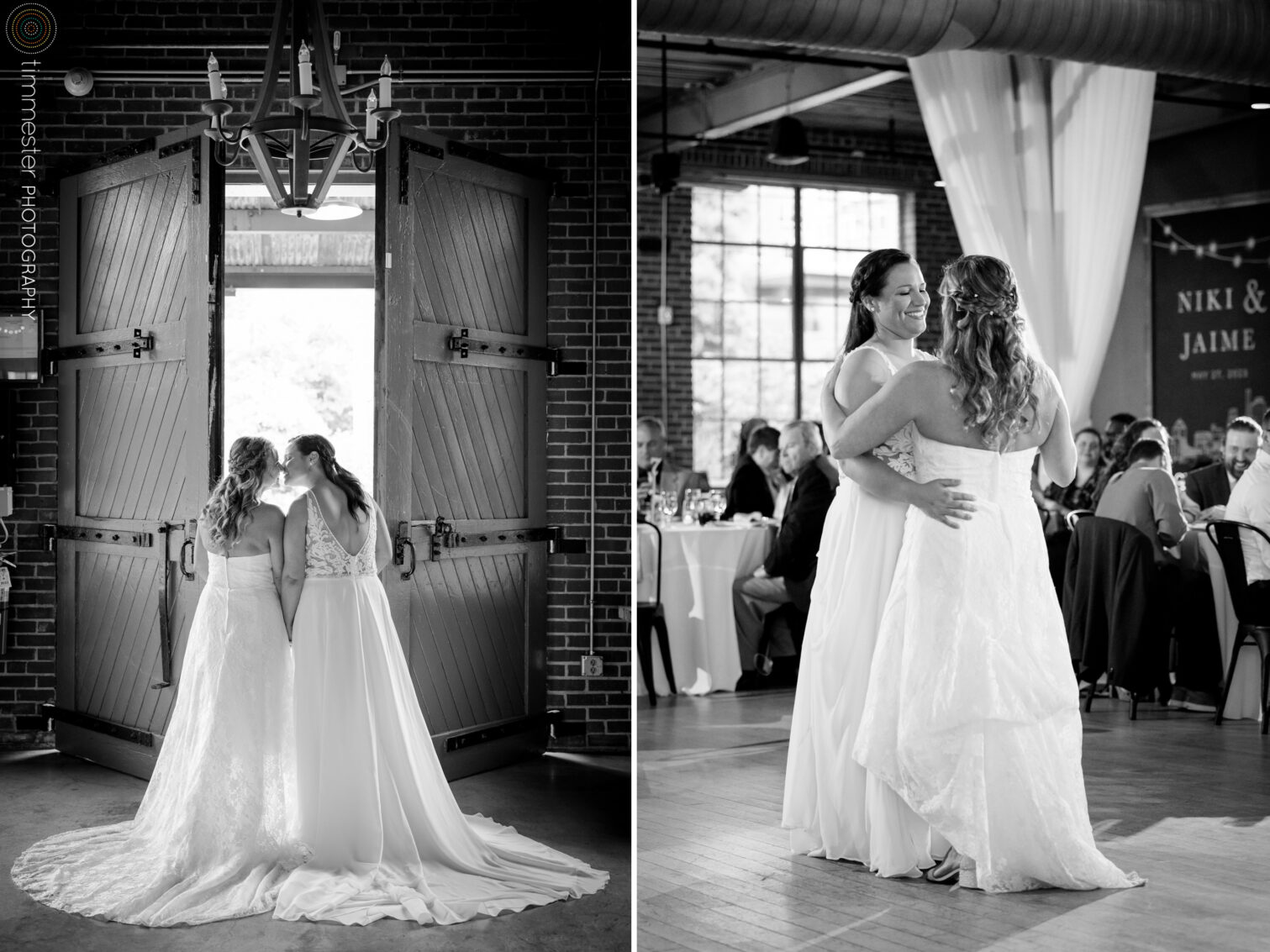 A beautiful reception with two brides at The Rickhouse in Durham, NC