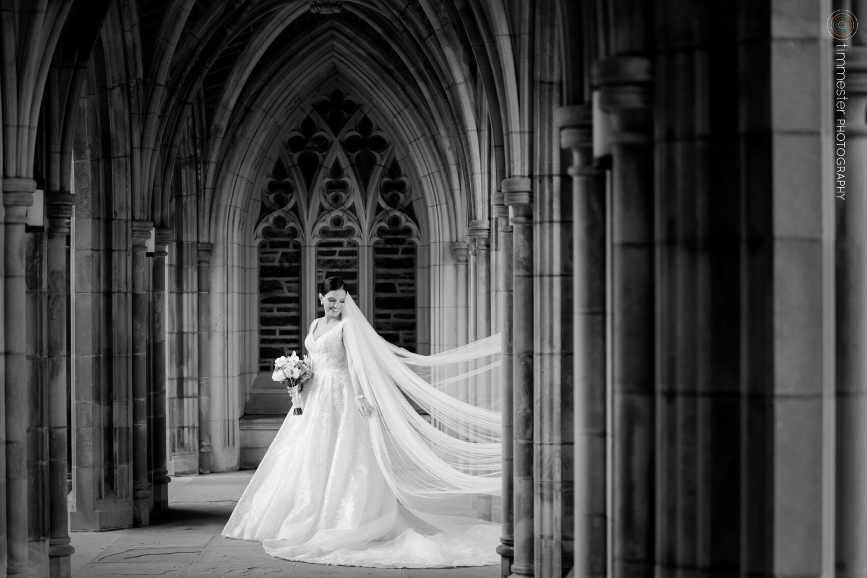 Duke Chapel wedding with bridal portraits in the Arcades