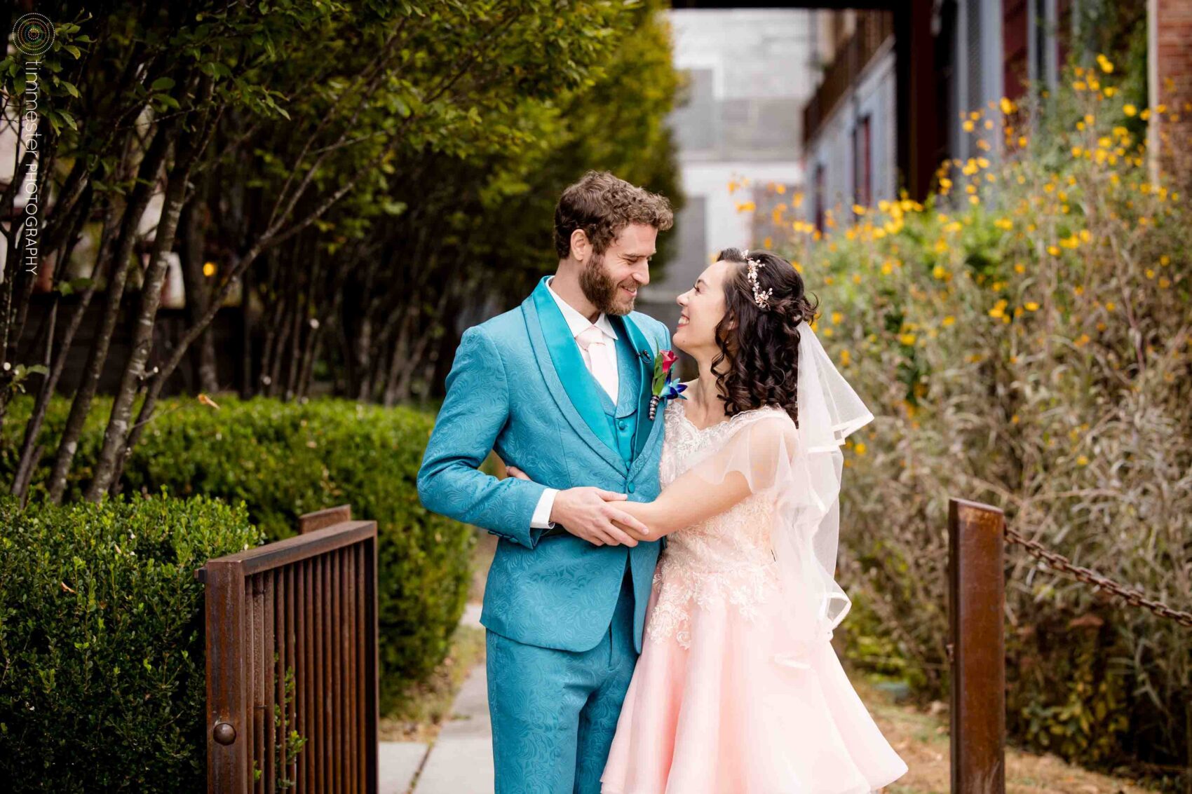 Cute bride and groom and wedding at Haw River Ballroom in NC