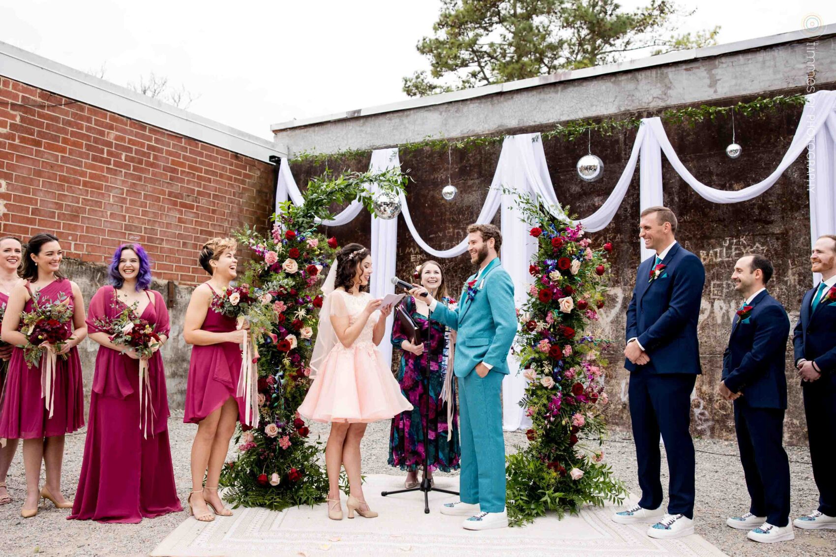 Wedding ceremony at Haw River Ballroom ampitheater outdoors, Saxapahaw, NC