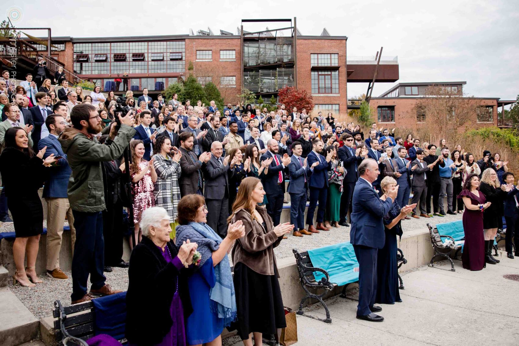 Standing ovation from guests at Haw River Ballroom wedding ceremony